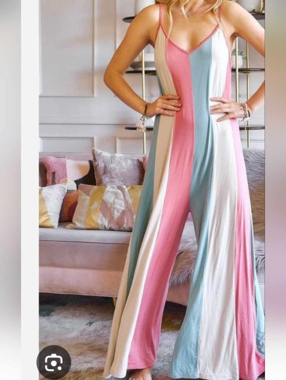 ADORA Striped Wide-Leg Jumpsuit in Pink, Blue & Cream.soft Loose Stretch